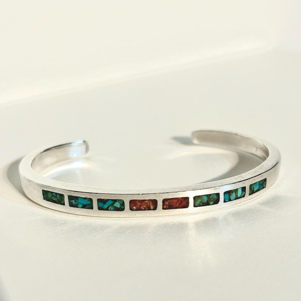 Vintage Native American Sterling Silver Turquoise Coral Chip Inlay Cuff Bracelet